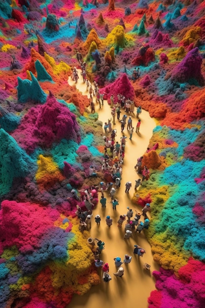 Un paisaje colorido con gente caminando sobre él.