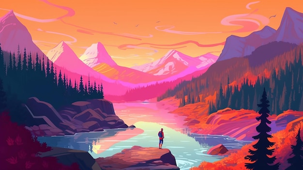 Un paisaje colorido con un hombre parado sobre una roca frente a una montaña.