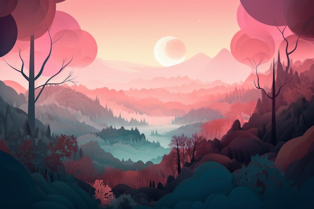 Un paisaje colorido con una luna de fondo.