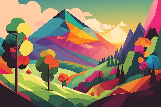 Paisaje colorido con montañas y árboles al fondo.