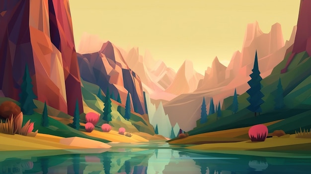 Un paisaje colorido con montañas y árboles al fondo.