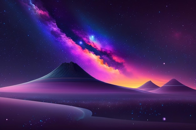 Un paisaje colorido con montañas y una galaxia al fondo.