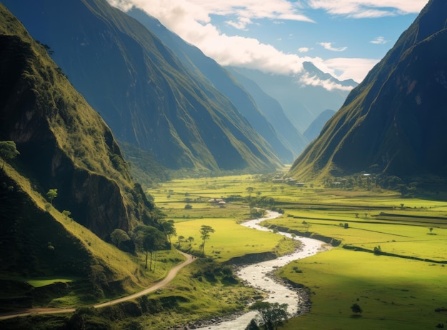 Paisaje colorido con montañas del Himalaya hermoso río curvo y bosque verde