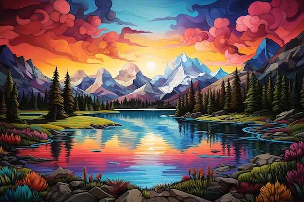 Un paisaje colorido con montañas y un lago en el medio