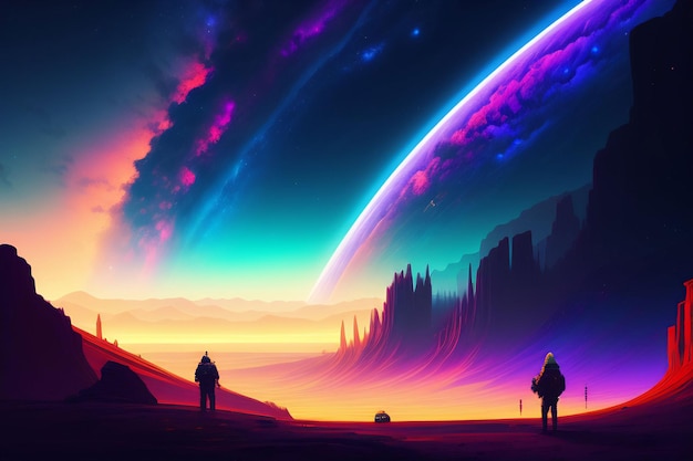 Un paisaje colorido con un planeta y un hombre parado en medio.
