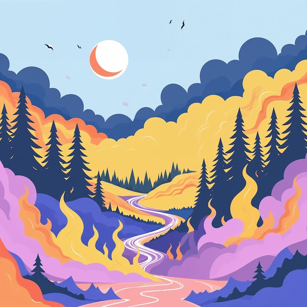 Paisaje colorido con río, árboles y cielo