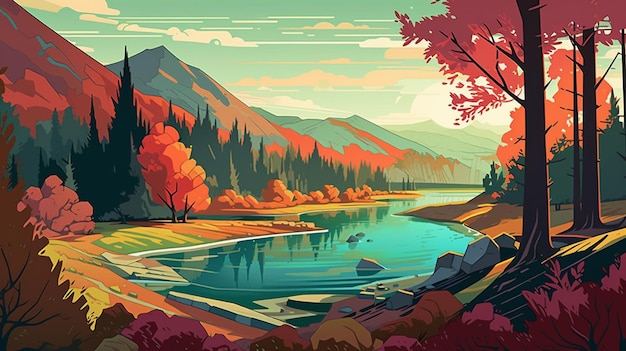 Un paisaje colorido con un río y montañas al fondo.