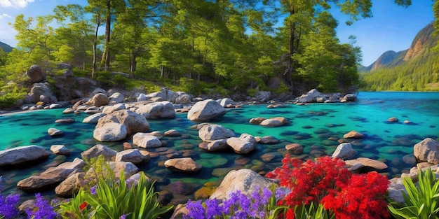 Un paisaje colorido con rocas y flores en primer plano y un río al fondo.
