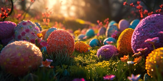 Foto paisaje de comedor soñador con huevos de pascua en el suelo en el bosque