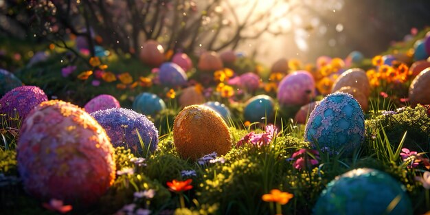 Paisaje de comedor soñador con huevos de Pascua en el suelo en el bosque