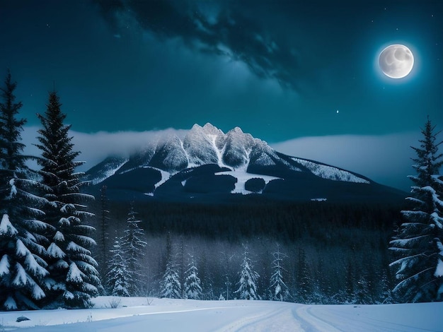 Paisaje conceptual nevado de medianoche con pinos y luna llena en el cielo Ilustración