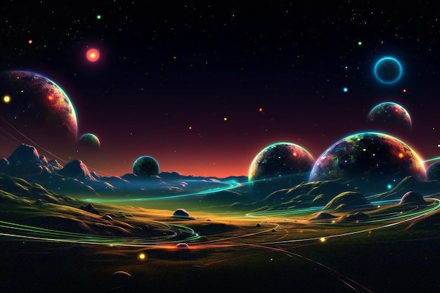 Paisaje cósmico con planetas estrellas y galaxias.