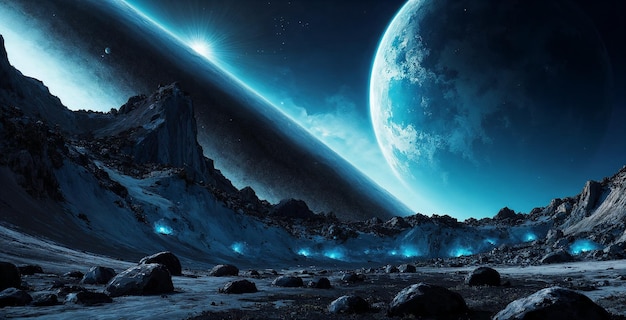 Un paisaje cósmico con planetas y nebulosas