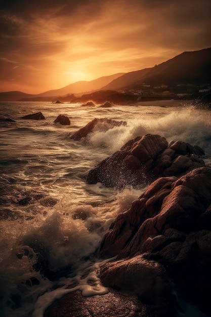 Paisaje costero al atardecer olas rompiendo en las rocas