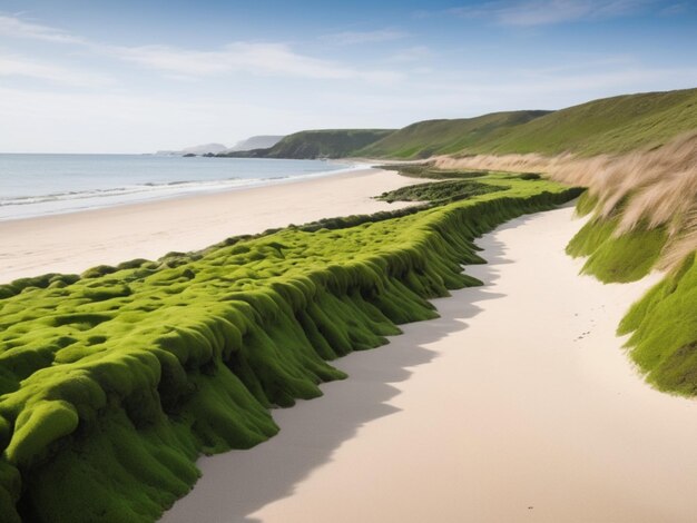 Foto un paisaje costero con algas verdes que forman una frontera a lo largo de la costa arenosa