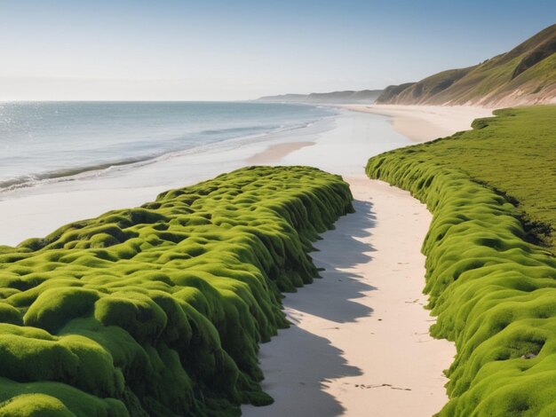 Un paisaje costero con algas verdes que forman una frontera a lo largo de la costa arenosa