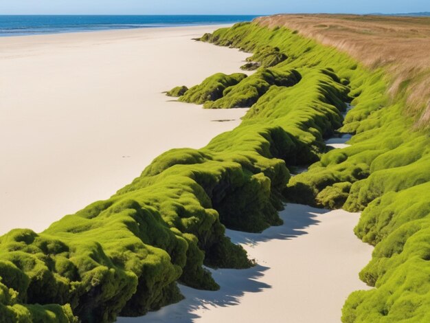 Foto un paisaje costero con algas verdes que forman una frontera a lo largo de la costa arenosa