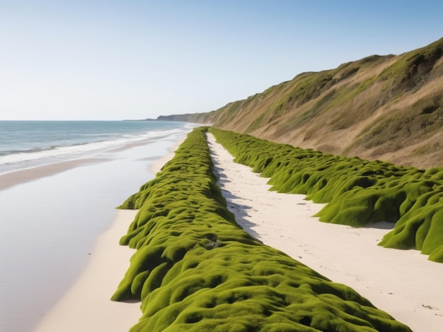 Foto un paisaje costero con algas verdes que forman una frontera a lo largo de la costa arenosa