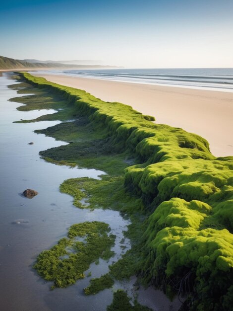 Un paisaje costero con algas verdes que forman una frontera a lo largo de la costa arenosa