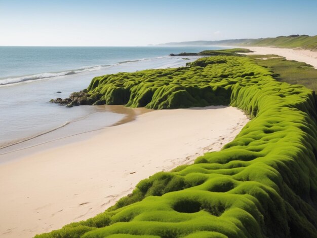 Un paisaje costero con algas verdes que forman una frontera a lo largo de la costa arenosa