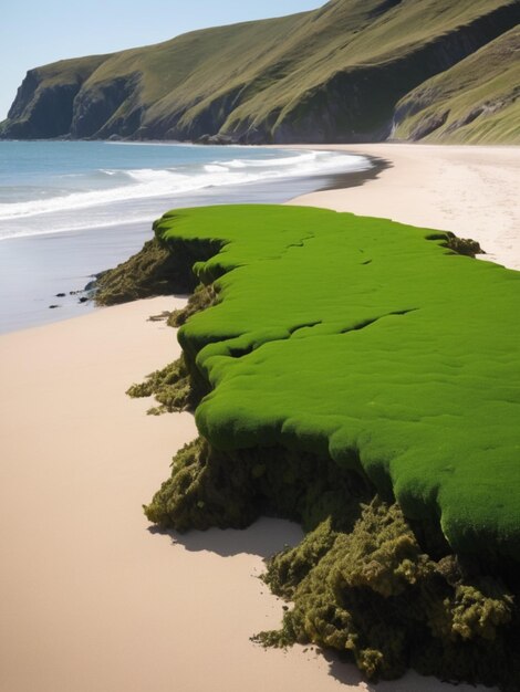 Un paisaje costero con algas verdes que forman una frontera a lo largo de la costa arenosa