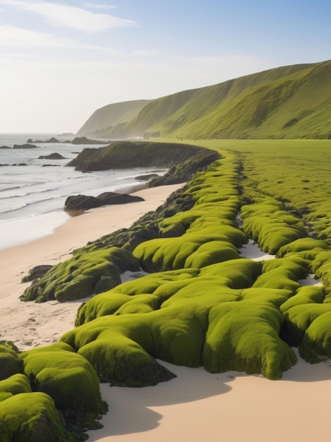 Foto un paisaje costero con algas verdes que forman una frontera a lo largo de la costa arenosa