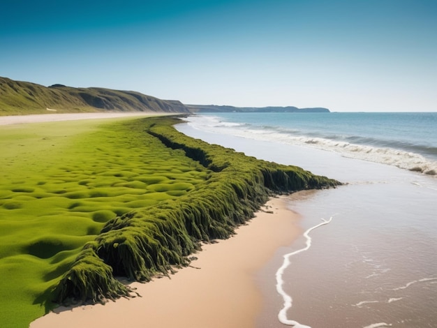 Un paisaje costero con algas verdes que forman una frontera a lo largo de la costa arenosa