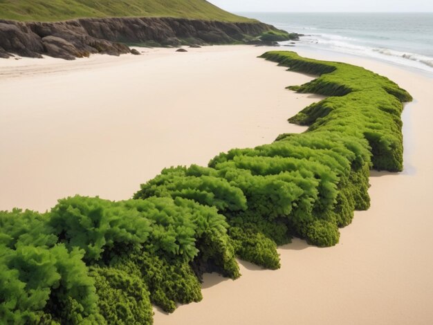 Un paisaje costero con algas verdes que forman una frontera a lo largo de la costa arenosa