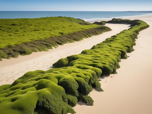 Un paisaje costero con algas verdes que forman una frontera a lo largo de la costa arenosa