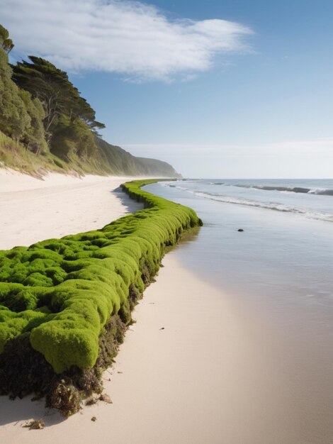 Un paisaje costero con algas verdes que forman una frontera a lo largo de la costa arenosa