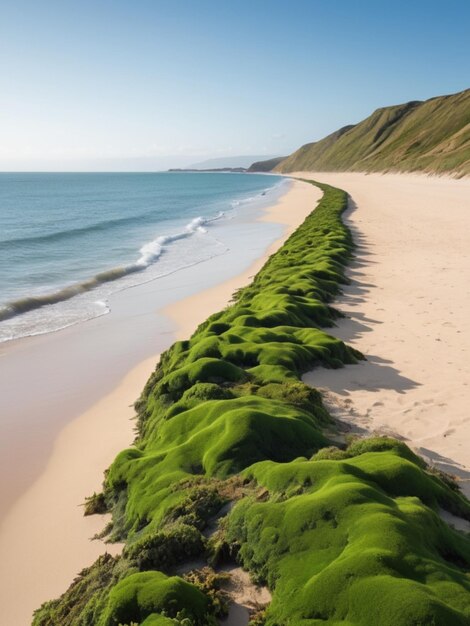 Foto un paisaje costero con algas verdes que forman una frontera a lo largo de la costa arenosa