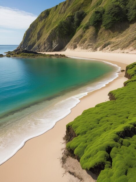 Un paisaje costero con algas verdes que forman una frontera a lo largo de la costa arenosa