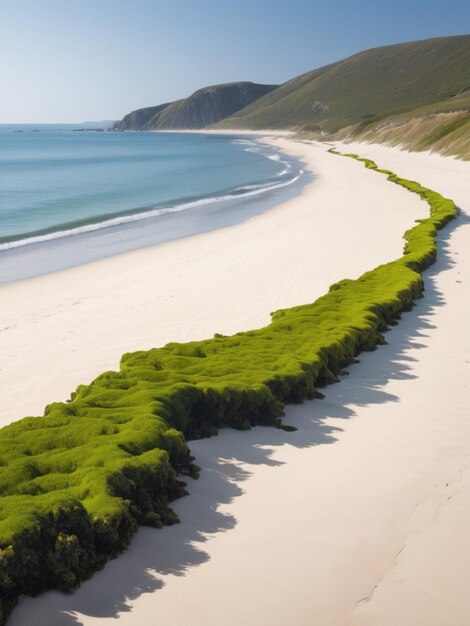 Un paisaje costero con algas verdes que forman una frontera a lo largo de la costa arenosa