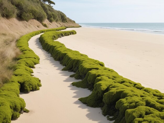 Foto un paisaje costero con algas verdes que forman una frontera a lo largo de la costa arenosa