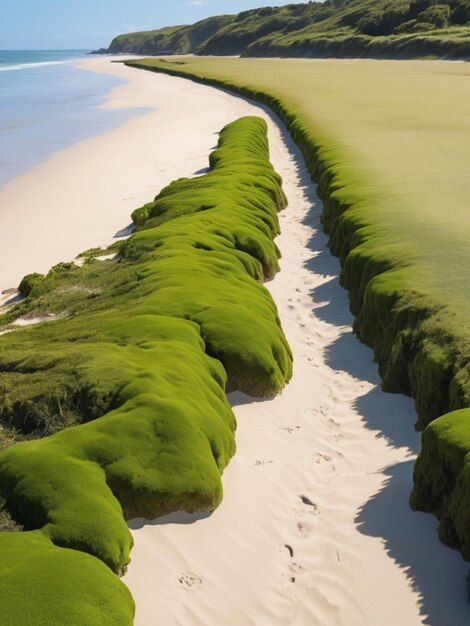 Un paisaje costero con algas verdes que forman una frontera a lo largo de la costa arenosa