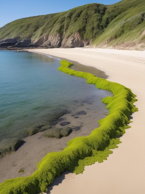 Un paisaje costero con algas verdes que forman una frontera a lo largo de la costa arenosa