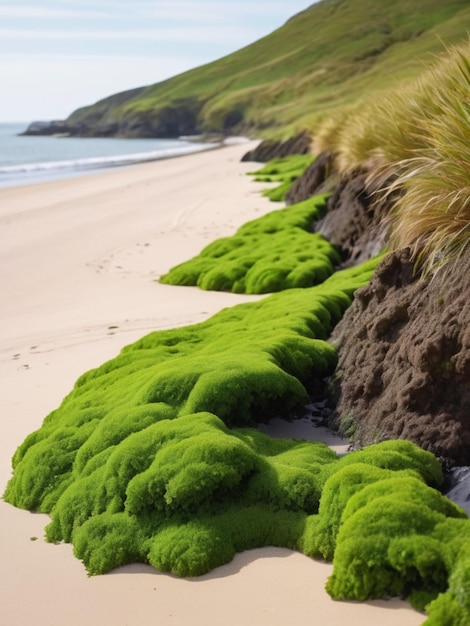 Un paisaje costero con algas verdes que forman una frontera a lo largo de la costa arenosa