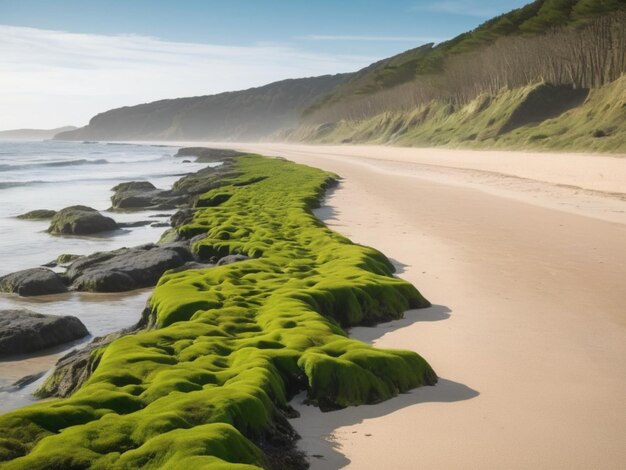 Un paisaje costero con algas verdes que forman una frontera a lo largo de la costa arenosa