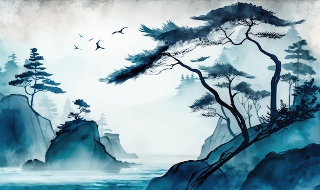 Paisaje costero azul brumoso en estilo tradicional de pintura de tinta oriental