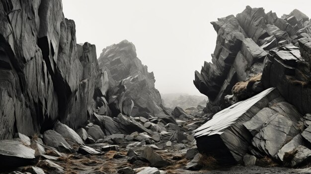 Paisaje costero con niebla, rocas y hierba