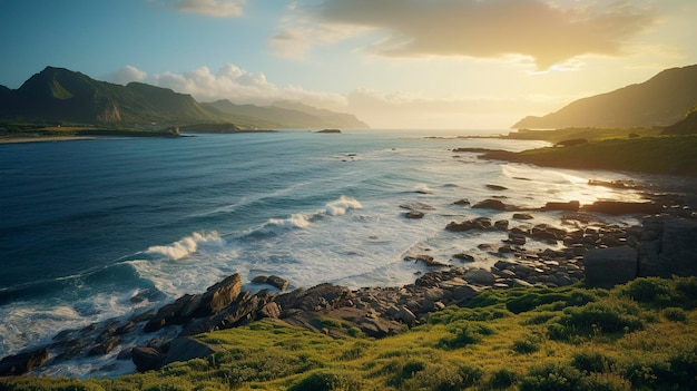 Paisaje costero sereno al amanecer con ondas suaves que bañan la orilla y la cálida luz del sol