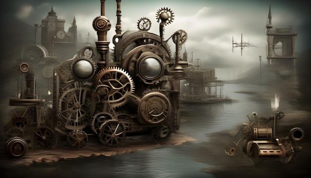 Un paisaje creado digitalmente con elementos de diseño steampunk que incluyen engranajes y maquinaria