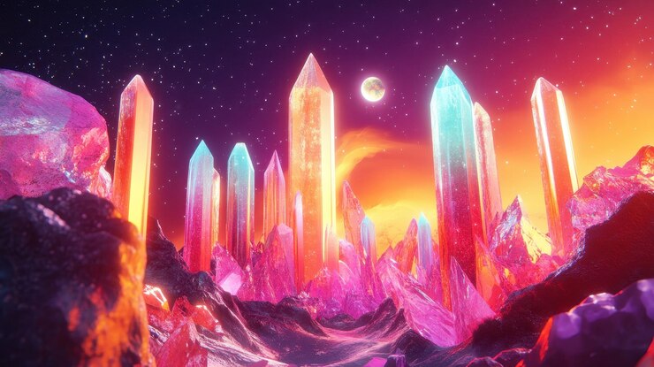 Un paisaje de cristal vibrante bajo un cielo estrellado por la noche