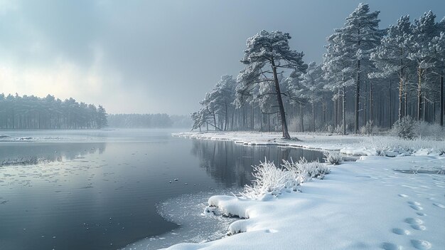 Foto paisaje cubierto de nieve bajo un cielo gris