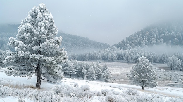 Foto paisaje cubierto de nieve bajo un cielo gris