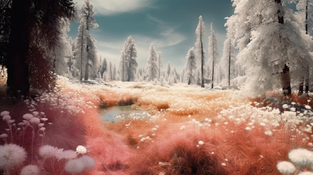 Un paisaje cubierto de nieve con una flor rosa en primer plano.