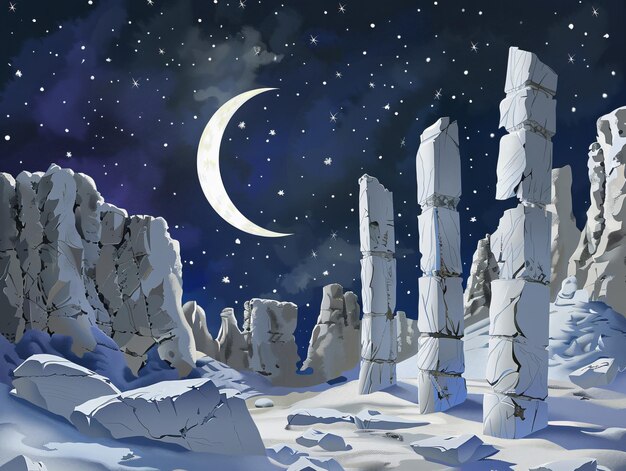 un paisaje cubierto de nieve con una luna y un paisaje nevado