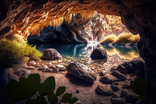 Paisaje de cuevas con un hermoso lago y una colorida vegetación AI