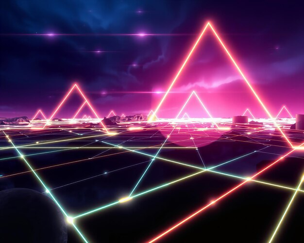 Paisaje cyberpunk con triángulos brillantes y luces de neón