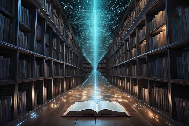 Foto paisaje de datos transformando libros en flujos dinámicos en una biblioteca surrealista construyendo un puente entre el conocimiento tradicional y un archivo holográfico futurista más allá de las restricciones físicas